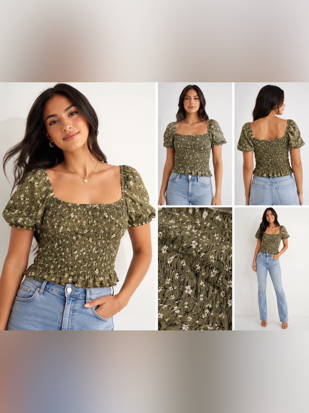 Zara Green Floral Smocked Puff Sleeve Blouse Size M Cottagecore
